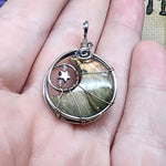 Pink Purple Gold Labradorite Crescent Moon Pendant with Rose Quartz and Hematite