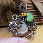 Crazy Lace Agate Pumpkin Pendant – Copper Vine + Czech Glass Leaf