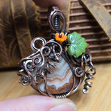 Crazy Lace Agate Pumpkin Pendant – Copper Vine + Czech Glass Leaf