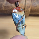 Common Opal with Marcasite Pendant Copper Wrapped - Red Orange Cream White