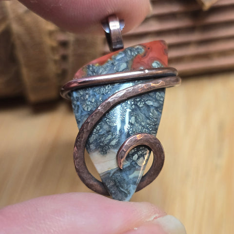Fiery Opal Pendant Marcasite Inclusions - Copper Wrapped