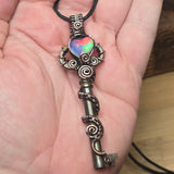 Skeleton Key with Rose Cut Heart Aurora Opal Doublet Wire Wrapped Pendant