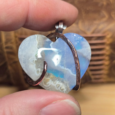 Sky Plume Agate Heart + Aurora Opal Pendant – Recycled Copper
