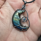Carved Face Rainbow Labradorite Crescent Moon with Hematite Star Pendant in Sterling Silver
