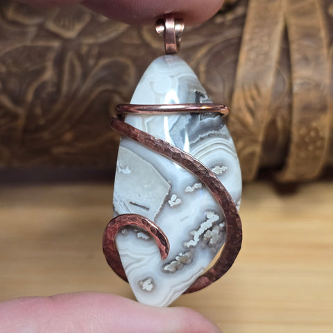 Crazy Lace Agate Pendant – Earthy Neutrals + Scenic Bands in Copper