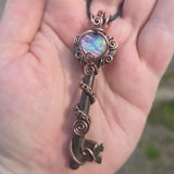 Skeleton Key with Rainbow Heart Aurora Opal Doublet Wire Wrapped Pendant