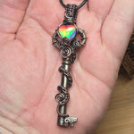 Skeleton Key with Rose Cut Heart Aurora Opal Doublet Wire Wrapped Pendant