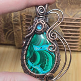 Malachite Chrysocolla Pendant - Intricate Wire Wrap Antiqued Copper