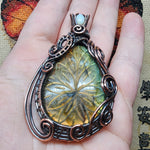 Large Carved Green Gold Orange Labradorite Flower and Austrailian Opal in Copper