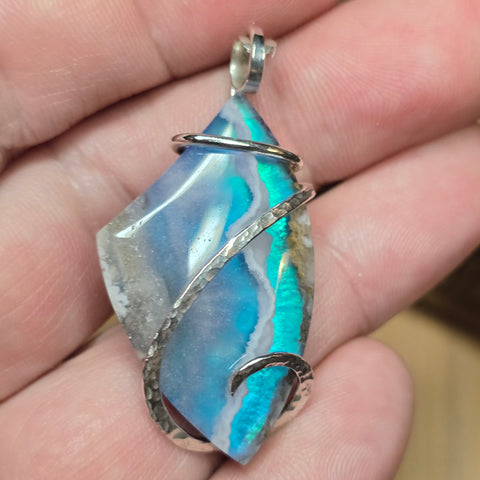 White Plume Agate Pendant – Sterling Silver + Teal Aurora Opal