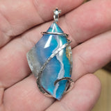 White Plume Agate Pendant – Sterling Silver + Teal Aurora Opal