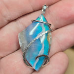 White Plume Agate Pendant – Sterling Silver + Teal Aurora Opal
