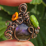 Purple Labradorite Wire Wrapped Pumpkin Pendant - Antiqued Copper Czech Glass