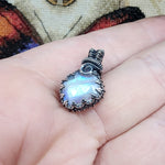 Flashy Rose Cut Rainbow Moonstone Antiqued Sterling Silver Pendant