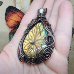 Large Carved Green Gold Orange Labradorite Flower and Austrailian Opal in Copper