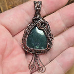 Moss Agate Pendant – Copper Woven Mushroom Spirit