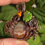 Crazy Lace Agate Pumpkin Pendant – Copper Vine + Czech Glass Leaf