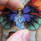 Carved Blue Aquamarine Leaf Wire Wrapped Pendant in 14kt Yellow Gold Fill