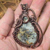 Widowmaker Plume Agate Pendant with Labradorite Accent - Antiqued Copper Wirewrap