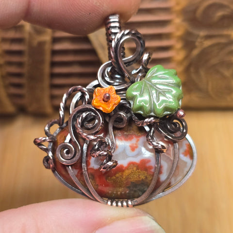 Moroccan Seam Agate Pumpkin Pendant - Copper Wire Wrap Setting