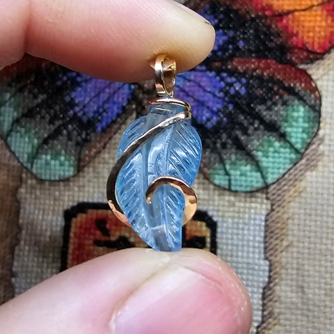 Carved Blue Aquamarine Leaf Wire Wrapped Pendant in 14kt Yellow Gold Fill