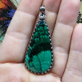 Teardrop Malachite Plume Pendant in Antiqued Sterling Silver