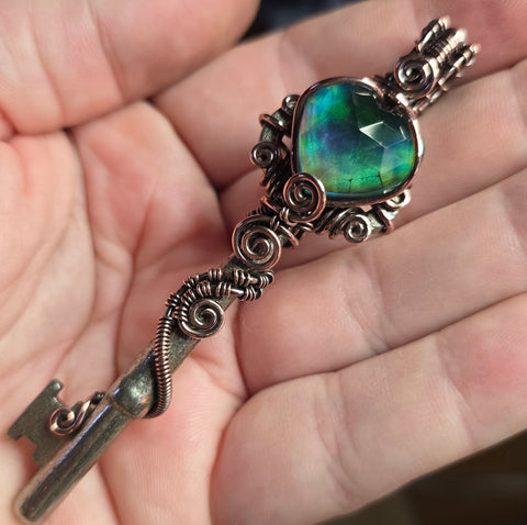 Dark Flash Aurora Opal Key Pendant - Copper Wirewrap Skeleton Key