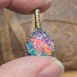 Aurora Opal Pendant Carved Flower Rainbow Flash - Sterling Silver Gold Fill