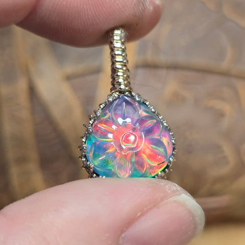 Aurora Opal Pendant Carved Flower Rainbow Flash - Sterling Silver Gold Fill