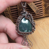 Moss Agate Pendant – Copper Woven Mushroom Spirit