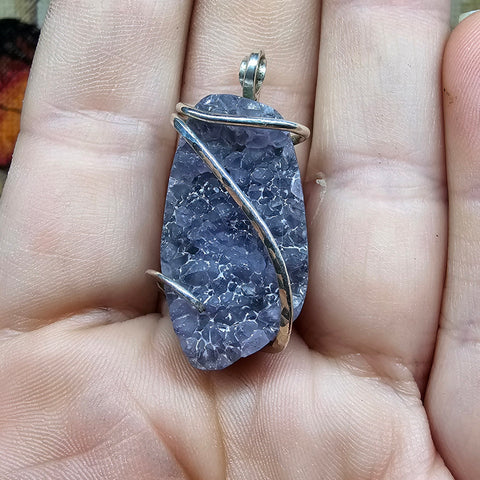 Amethyst Druzy Oval Geode Crystal Pendant in Sterling Silver