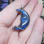 Carved Face Blue Labradorite Crescent Moon Pendant - Sterling Silver with Rose Gold Accent