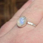 Moonstone Ring sz 11 – Golden + Ice Blue Flash Sterling Silver