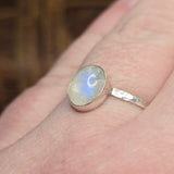 Moonstone Ring sz 11 – Golden + Ice Blue Flash Sterling Silver