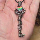 Skeleton Key with Rose Cut Heart Aurora Opal Doublet Wire Wrapped Pendant