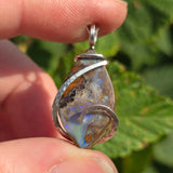 Boulder Opal Pendant with Blue Fire – Sterling Silver Forged Embrace