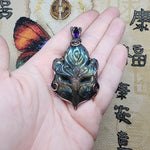 Rainbow Labradorite Masquerade Ball Mask and Amethyst Pendant Necklace in Copper