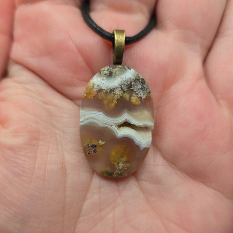 Moss Agate Pendant – Golden Inclusions with Geode Pocket