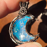 Marcasite Agate + Aurora Opal Moon Pendant – Frost Moon in Copper