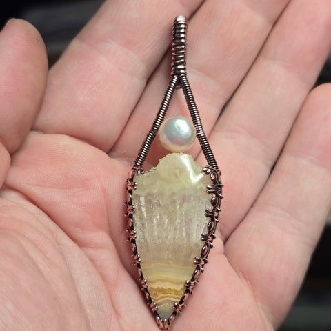 Crazy Lace Agate Pendant Real Pearl - Copper Wire Wrap