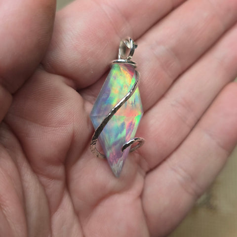 Large Brilliant Rainbow Aurora Opal Pendant Hammered Sterling Silver