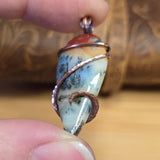 Common Opal with Marcasite Pendant Copper Wrapped - Red Orange Cream White