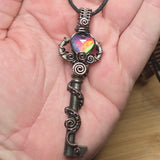 Skeleton Key with Rose Cut Heart Aurora Opal Doublet Wire Wrapped Pendant