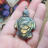 Carved Blue Green Gold Labradorite Sea Turtle Pendant in Sterling Silver