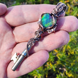 Dark Flash Aurora Opal Key Pendant - Copper Wirewrap Skeleton Key