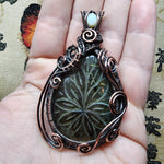 Large Carved Green Gold Orange Labradorite Flower and Austrailian Opal in Copper