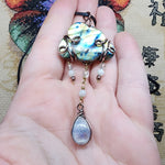 "Oregon Coast Rain" Labradorite Cloud with Rainbow Moonstone Raindrop Pendant - Storm Size