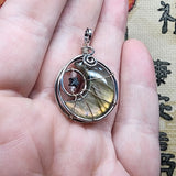 Pink Purple Gold Labradorite Crescent Moon Pendant with Rose Quartz and Hematite