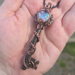 Skeleton Key with Rainbow Heart Aurora Opal Doublet Wire Wrapped Pendant