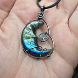 Carved Face Rainbow Labradorite Crescent Moon with Hematite Star Pendant in Sterling Silver